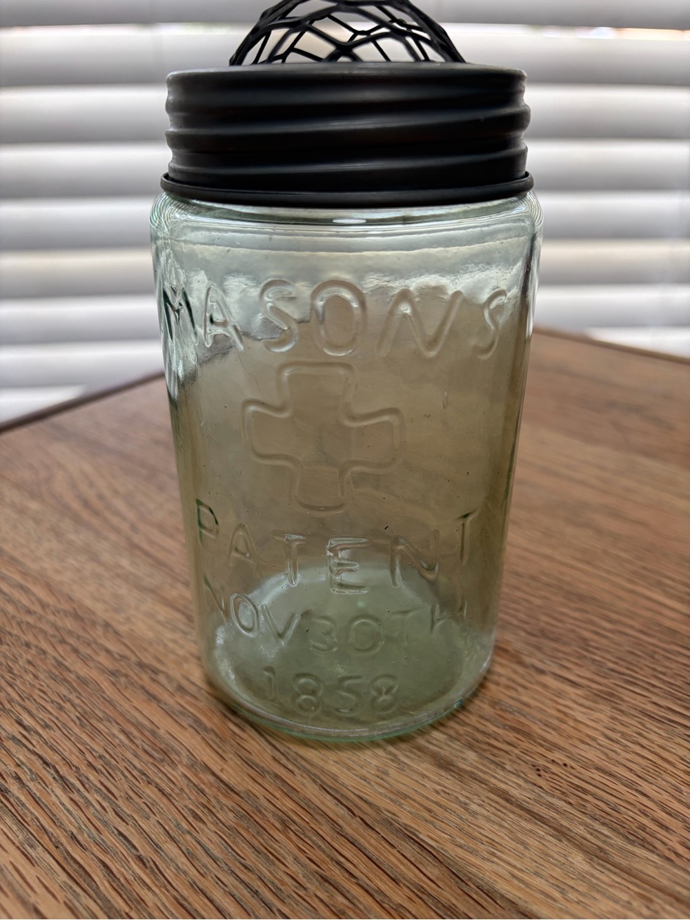 Antique-Style Mason Jar with Grey  flower frog Lid - Light Seafoam Green